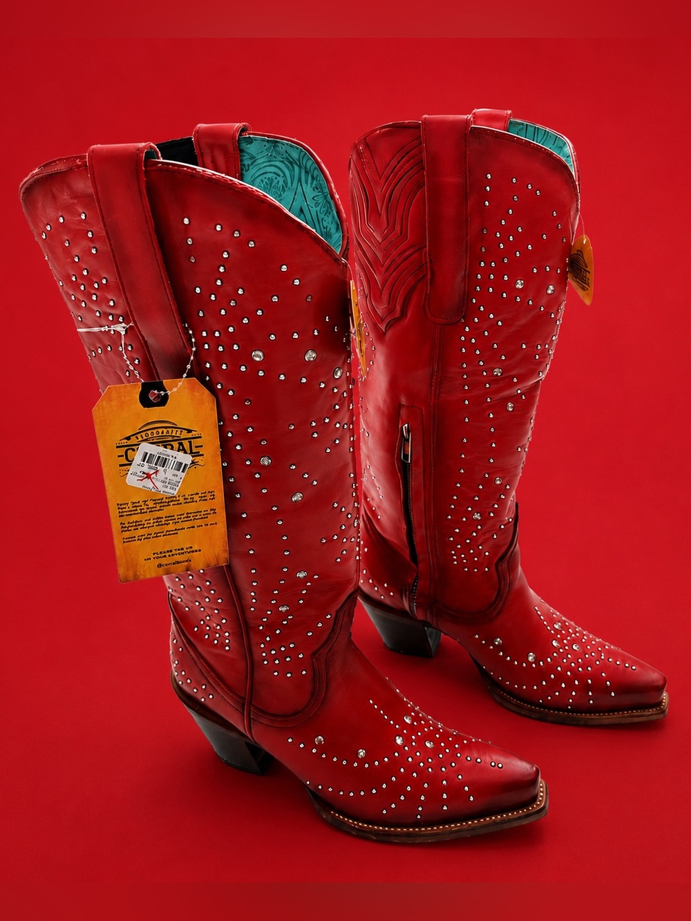 Corral Red Studded Tall Western Boots Sz 7 Snip Toe Side Zip NWT - Picture 15 of 16